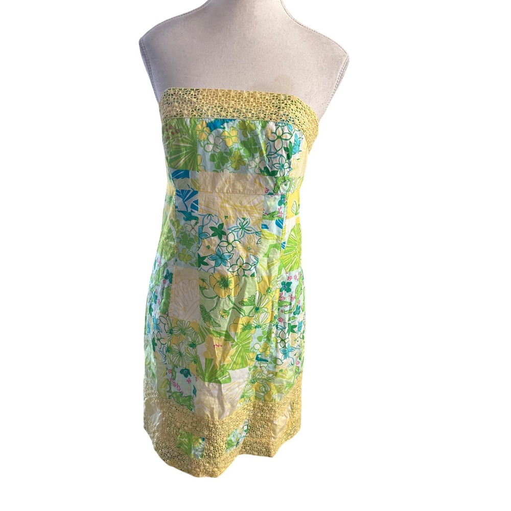 LILLY‎ PULITZER Blue Green Floral Strapless Dress Size 4